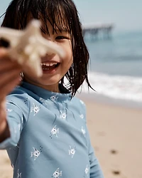 Toddler Girl 2-Piece Shell Striped Long-Sleeve Rashguard Swim Set - Blue