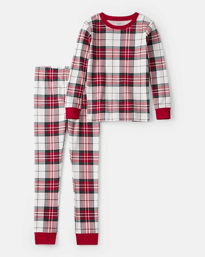 Kid Plaid Print 100% Cotton Long-Sleeve Snug Fit 2-Piece Pajamas - Red/Green
