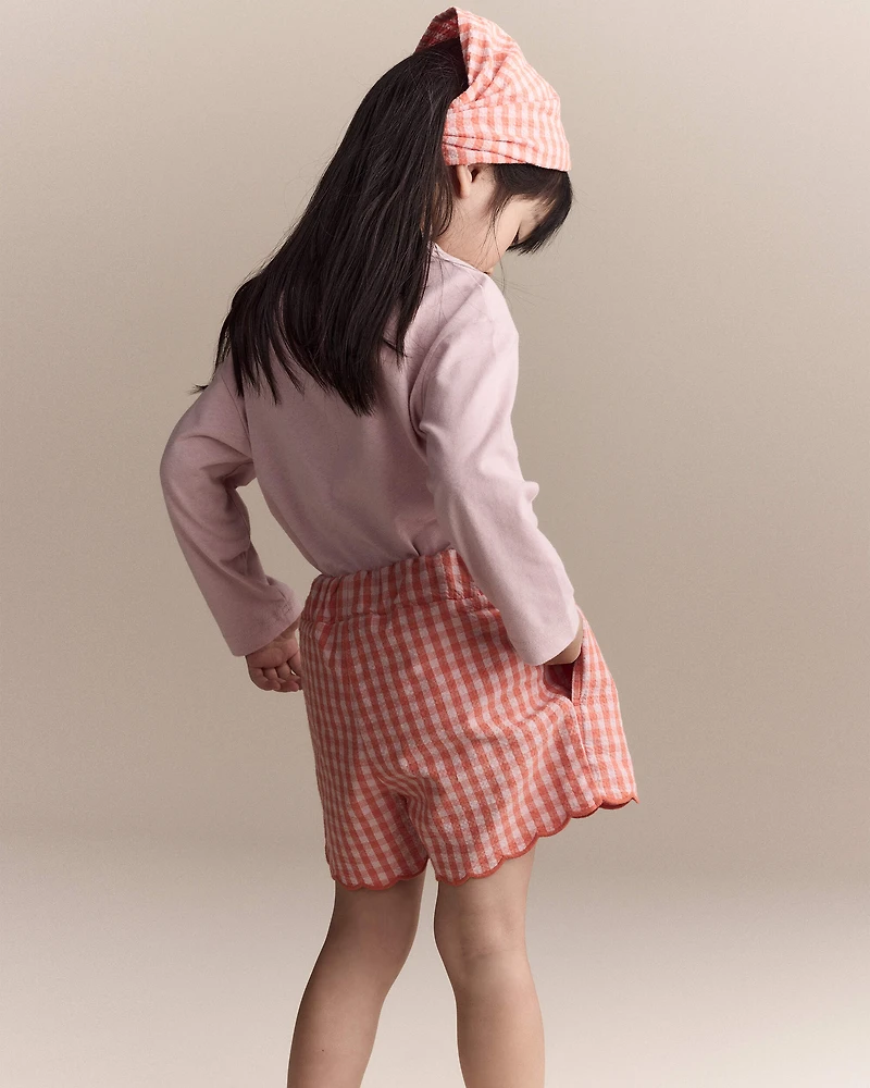 Toddler Girl Gingham Scalloped Short - Orange
