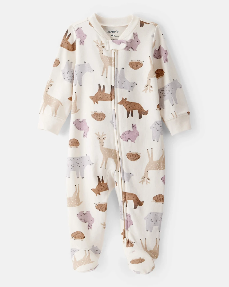 Baby Girl Fox Print 100% Cotton Long-Sleeve Sleeper - Ivory