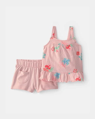 Baby Girl 2-Piece Floral Ruffle Top & Short Set - Pink