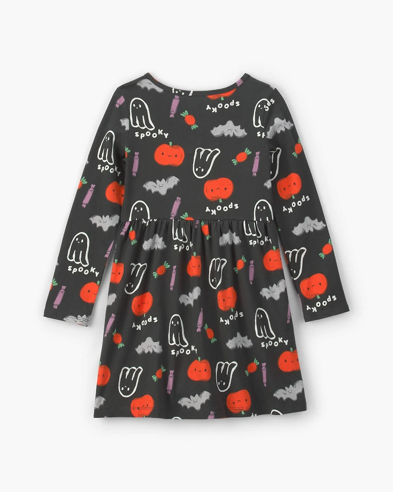 Girls Halloween Long-Sleeve Dress - Black/Orange