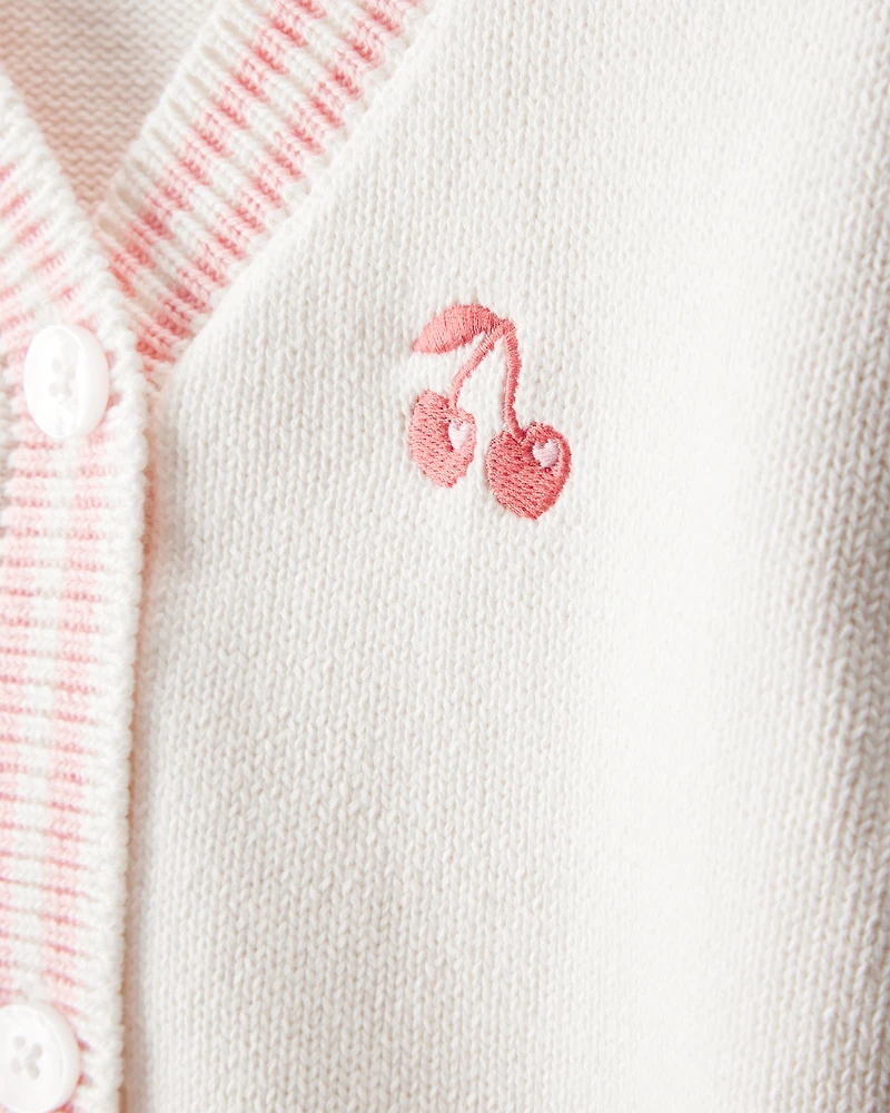 Toddler Girl Cherry Cotton Long-Sleeve Sweater - Ivory