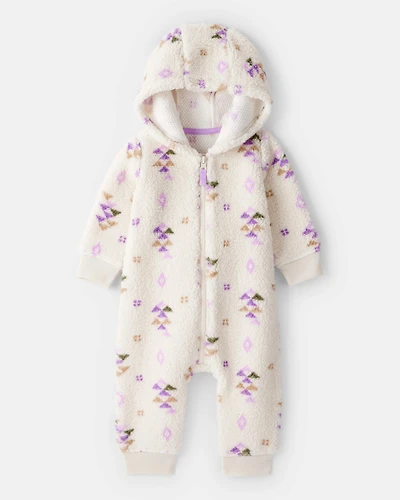 Baby Girl Aztec Print Sherpa Long-Sleeve Jumpsuit - Cream