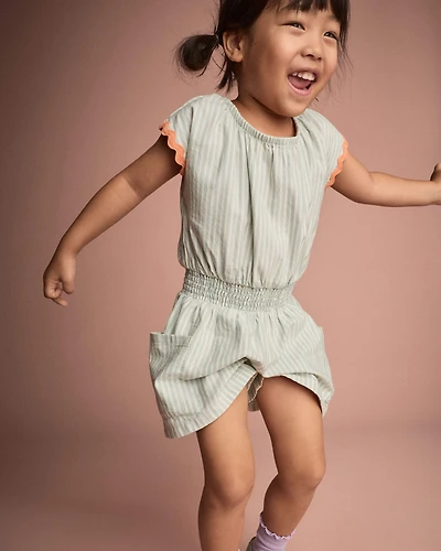Toddler Girl Swing Romper with Pockets Stripes- Light Blue