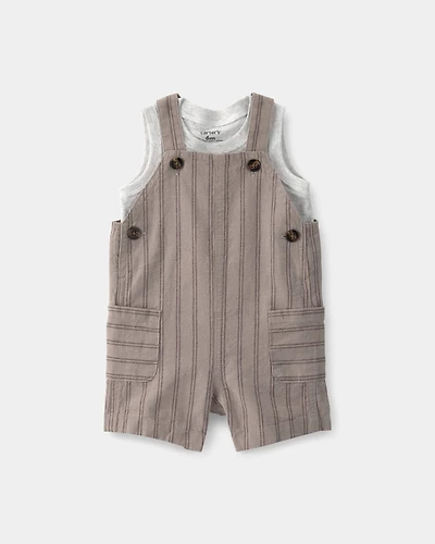 Baby Boy 2-Piece Striped Sleeveless Overall Set - Brown
