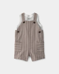 Baby Boy 2-Piece Striped Sleeveless Overall Set - Brown