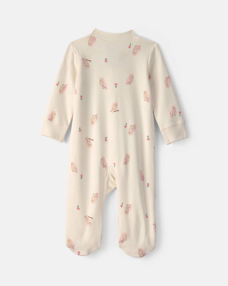 Baby Girl Owl 100% Cotton 2-Way Zip Sleepers - Cream