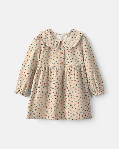 Toddler Girl Floral Collared Corduroy Long-Sleeve Dress - Cream