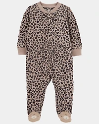 Baby Girl Leopard Print Loose Fit Long-Sleeve 2-Way Zip Sleeper - Brown