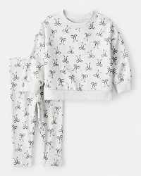 Baby Girl Bow Print Long-Sleeve Tee & Pant Set - Grey
