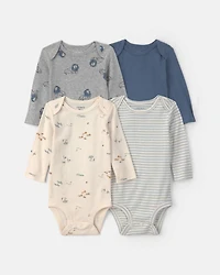 Baby Boy 4-Pack Lion Long-Sleeve Bodysuits - Blue/Grey/Ivory