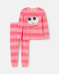 Toddler Girl 2-Piece Monster Striped DreamPlush Snug Fit Pyjama Set - Coral