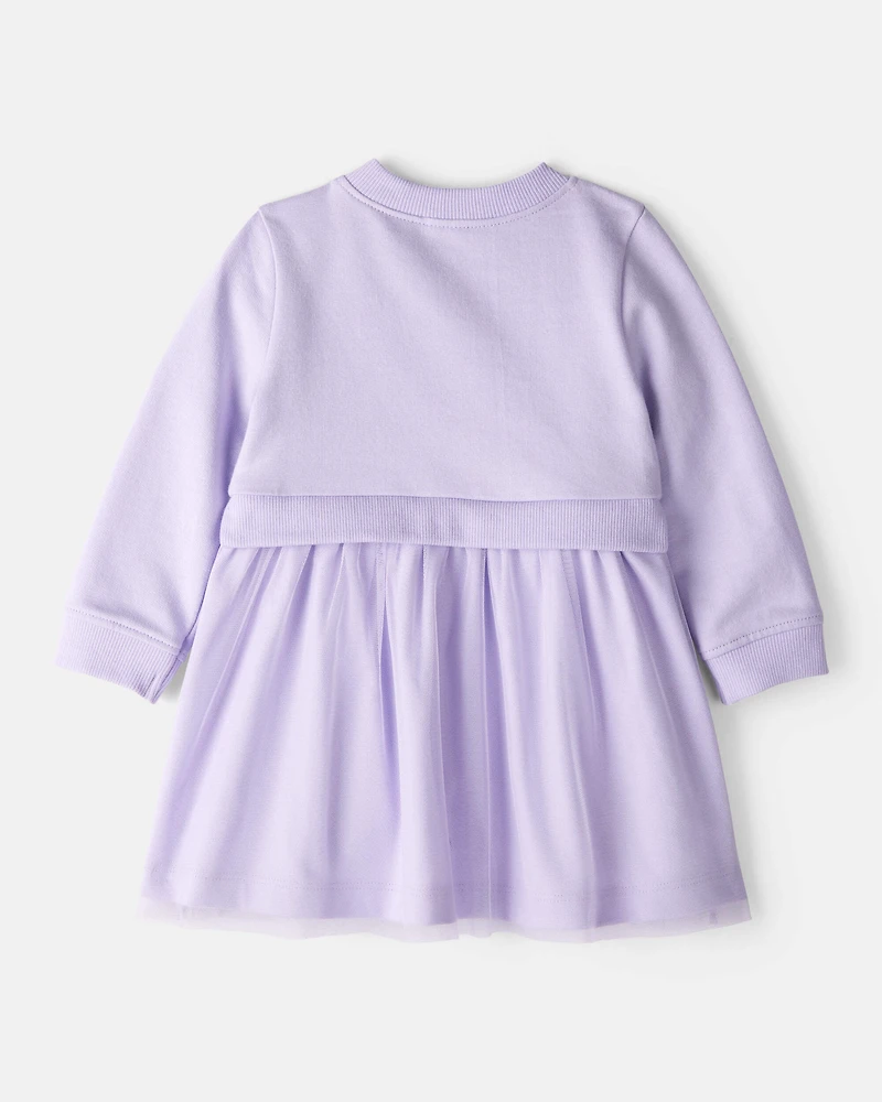 Baby Girl Bow Print Tulle Cotton Dress - Purple