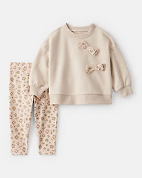 Baby Girl Bow Floral French Terry Sweatshirt & Pant Set - Beige