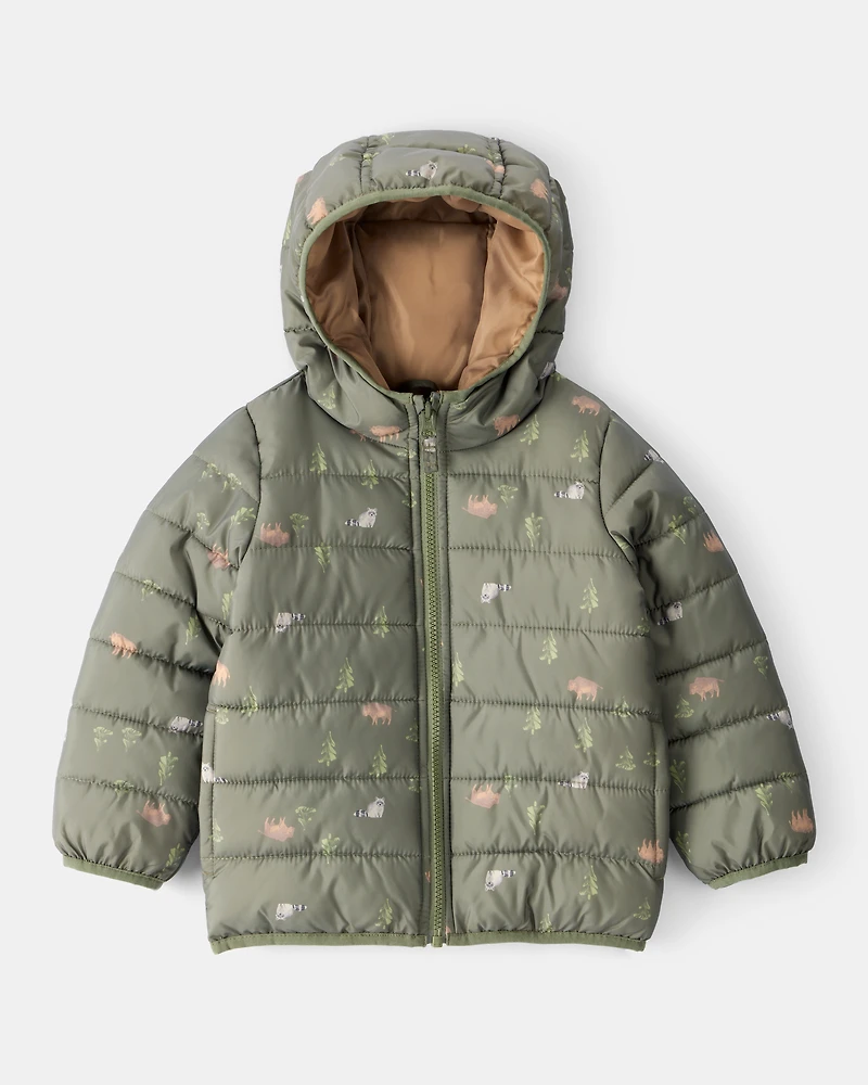 Kid Wilderness Print Hooded Puffer - Green