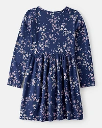 Girls Floral Print Long Sleeve Cotton Dress - Navy