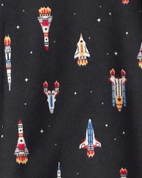 Boys Rocket Ship Print Fleece Long-Sleeve Loose Fit 1-Piece Pajamas - Black