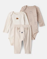 Baby Boy 3-Piece Bear Print Long-Sleeve Bodysuit & Pant Set - Brown/White