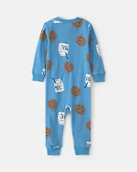 Toddler Boy 1-Piece Milk & Cookies 100% Cotton Snug Fit Pyjama - Blue