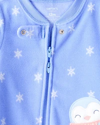 Baby Girl Penguin Fleece Long-Sleeve Loose Fit 1-Piece pyjamas - Blue