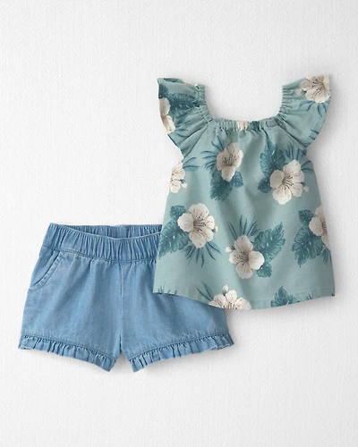 Baby Girl 2-Piece Chambray Top & Short Set Made with Organic Cotton Blue Hibiscus