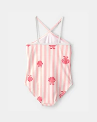 Girls 1-Piece Shell Striped Swimsuit - Pink