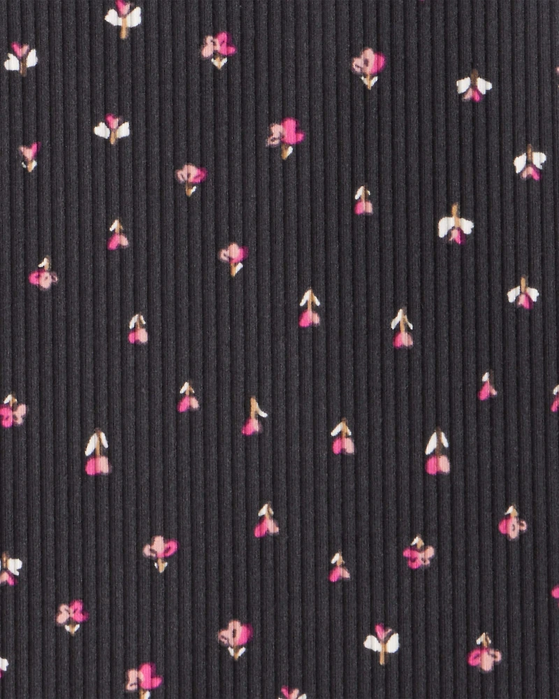 Girls Floral Ribbed Top - Grey