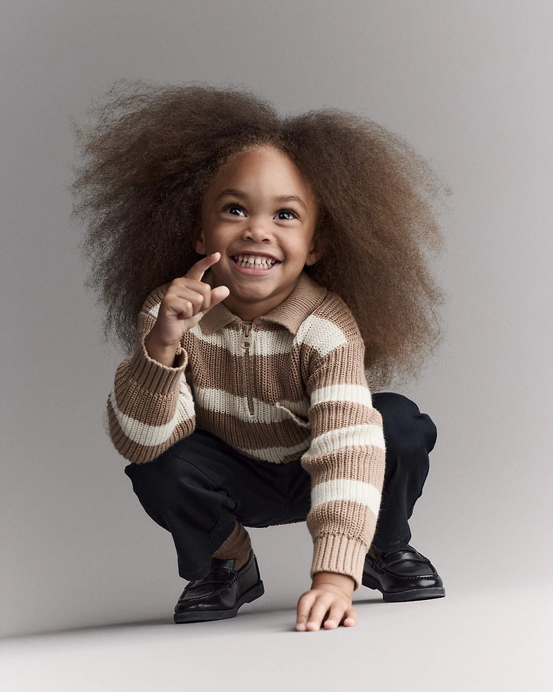 Toddler Boy Striped Quarter-Zip Sweater - Tan/White