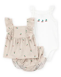 Baby Girl 3-Piece Striped Cherry Print  Outfit Set - White/Pink