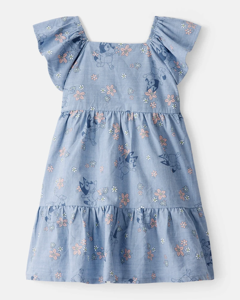 Baby Girl Bluey Floral Print Denim Dress - Blue