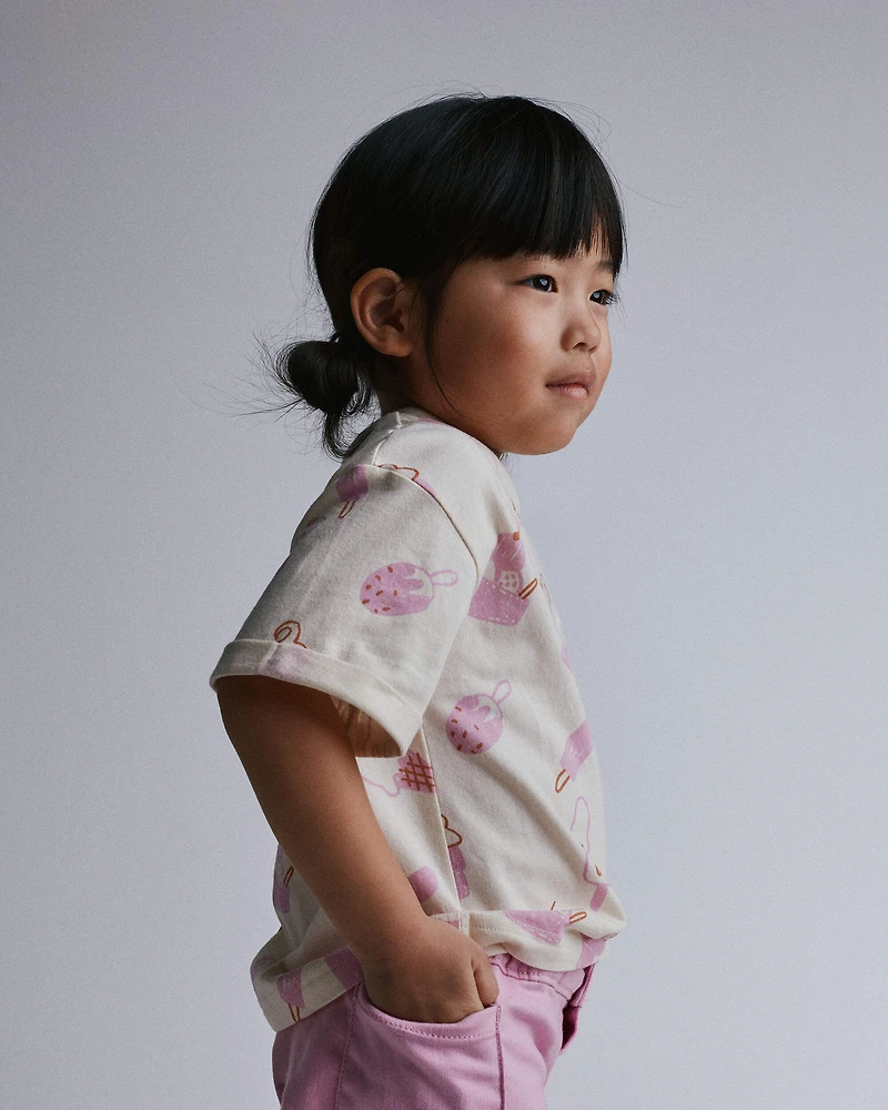 Toddler Girl Rolled Cuff Tee Ice Cream Print - Ivory