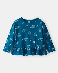 Toddler Girl Winter Print Long-Sleeve Peplum Top - Blue
