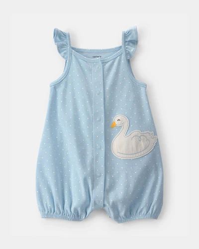 Baby Girl Swan Polka Dot Sleeveless Romper - Blue