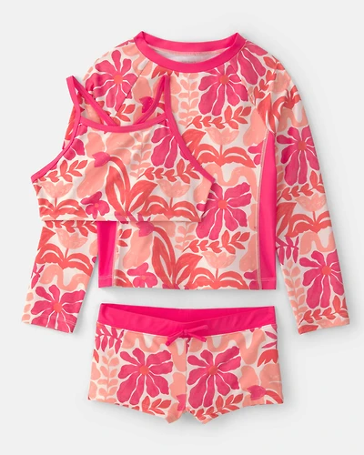 Girls 3-Piece Floral Long-Sleeve Rashguard Swimsuit Set - Pink/Orange