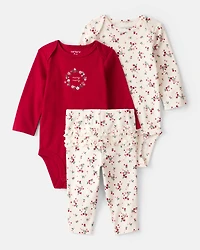 Baby Girl 3-Piece Floral Merry Cotton Bodysuits & Pant Set - White/Red