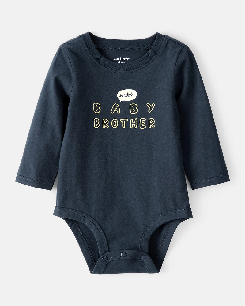 Baby Boy Sweetest Brother Cotton Long-Sleeve Graphic Bodysuit - Navy Blue