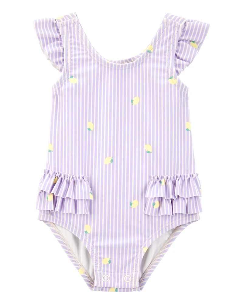 Baby Girl 1-Piece Striped Lemon Ruffle Swimsuit - Purple
