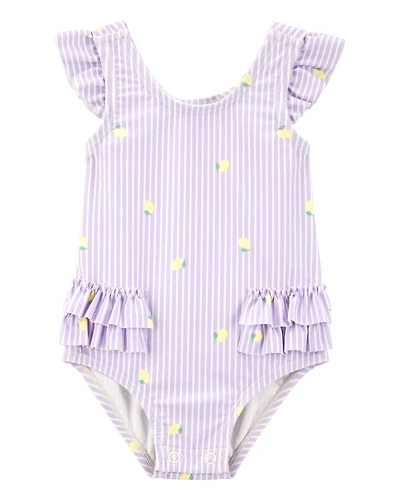 Baby Girl 1-Piece Striped Lemon Ruffle Swimsuit - Purple