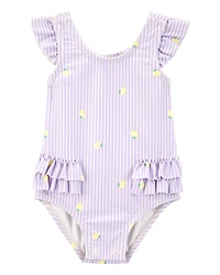 Baby Girl 1-Piece Striped Lemon Ruffle Swimsuit - Purple