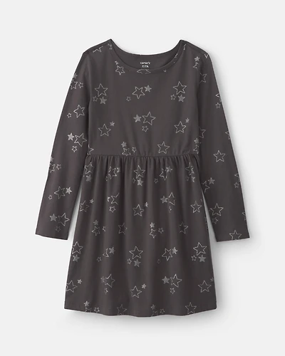 Girls Stars Long-Sleeve Dress - Grey