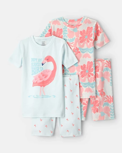 Girls Flamingo 100% Cotton Short-Sleeve Snug Fit 4-Piece pyjama Set - Pink/Blue