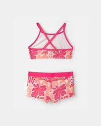 Girls 3-Piece Floral Long-Sleeve Rashguard Swimsuit Set - Pink/Orange