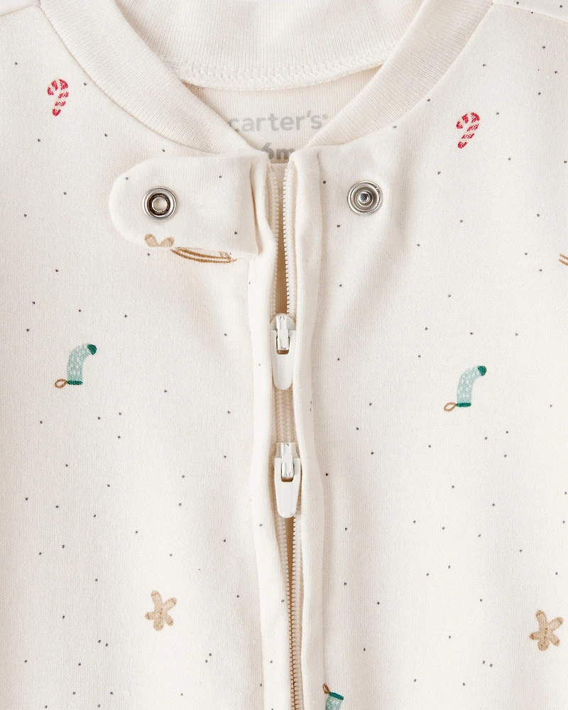 Baby Christmas Microprint 100% Cotton Sleeper - Cream