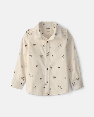 Boys Dog Long-Sleeve Button-Down Shirt - Cream