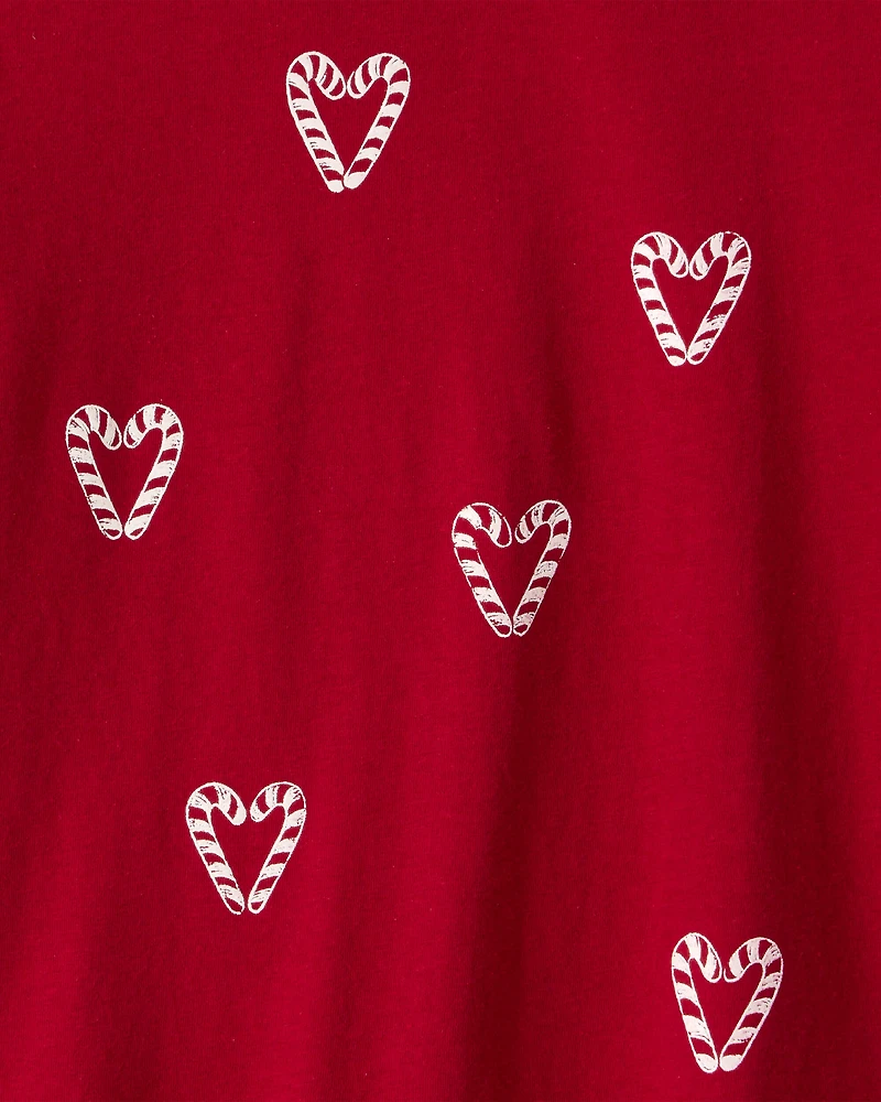 Girls Candy Cane Heart Print Long-Sleeve Graphic Tee - Red