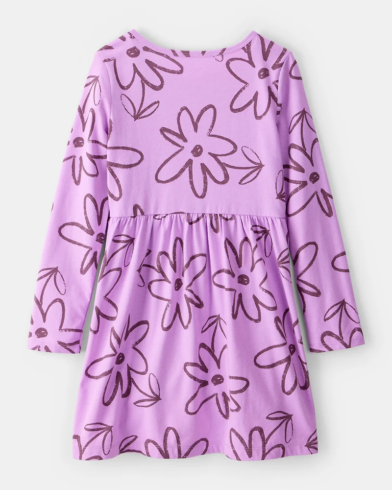 Girls Floral Long-Sleeve Dress - Purple