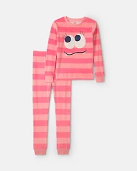Girls 2-Piece Monster Striped DreamPlush Snug Fit Pyjama Set - Coral