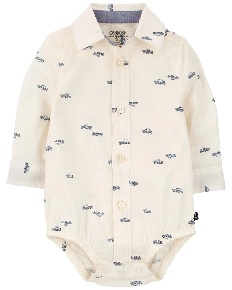 Baby White Truck Print Button-Front Bodysuit