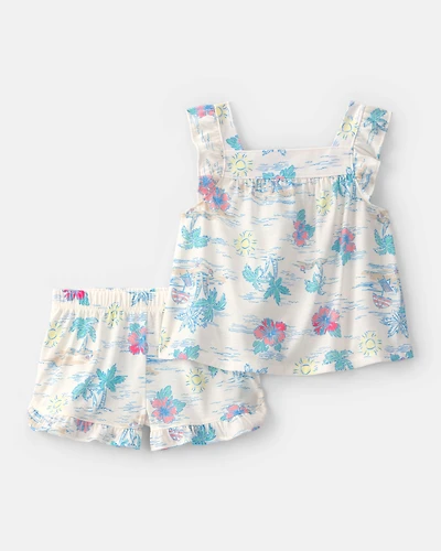 Toddler Girl Tropical Beach Sleeveless Loose Fit 2-Piece Pyjama Set - Ivory/Green